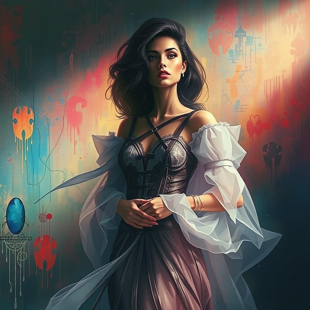 Gothic Woman in Black Leather Dress with Dramatic Lighting