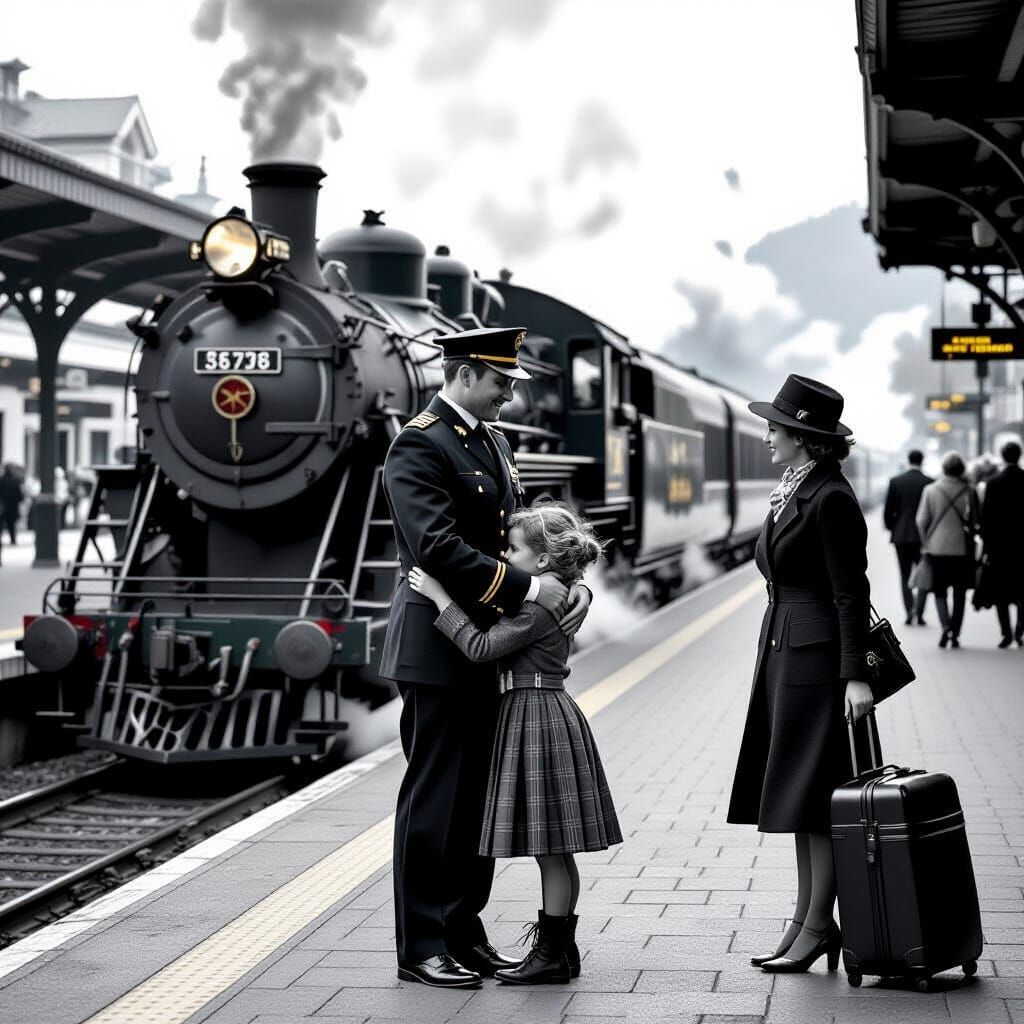 Family Goodbye: Dramatic Black and White Train Station Scene