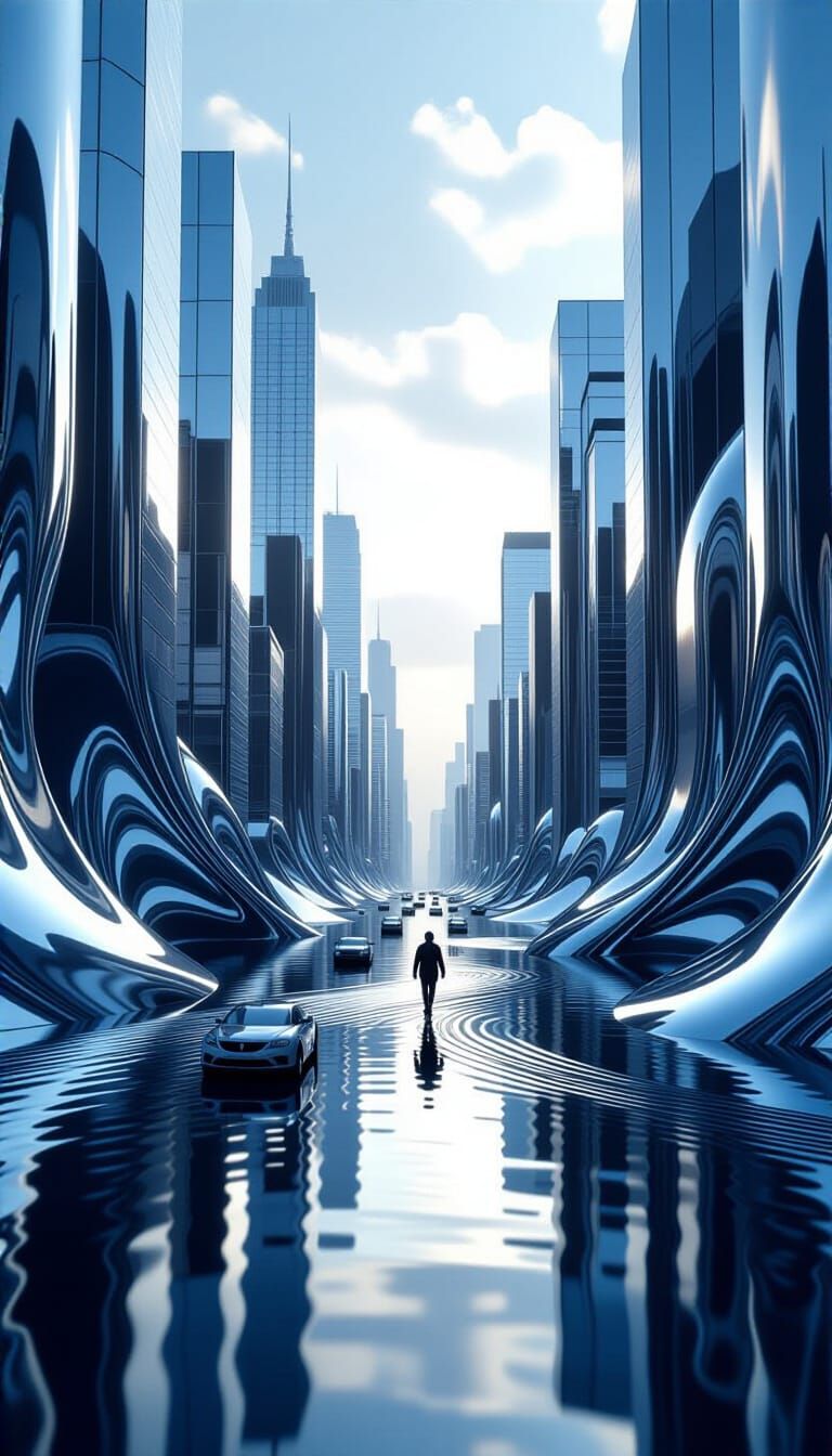 Liquid Metal City with Reshaping Buildings