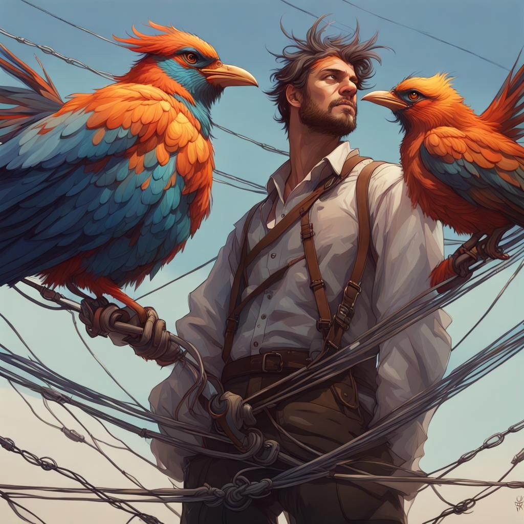 Detailed Portrait of Man with Birds in Flight