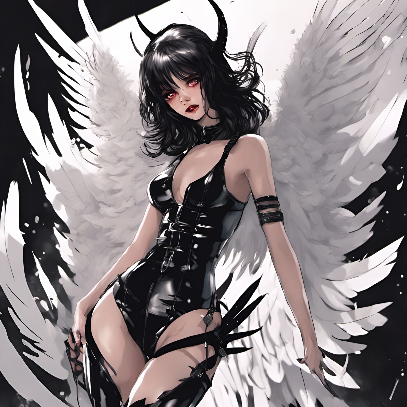 Fallen Angel in Latex Harness with Black Wings