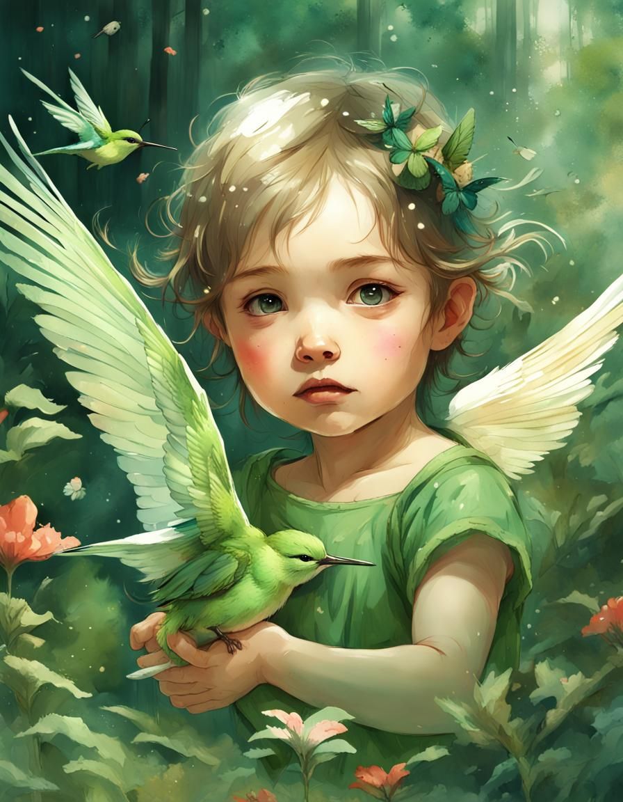 Fairy Baby Playing with Hummingbirds in Aquarelle Style