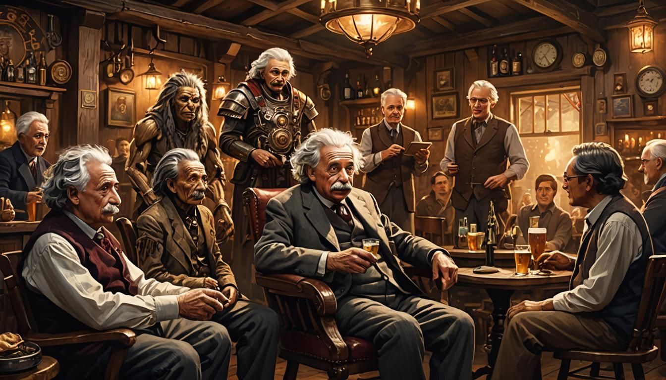Einstein, Hawking, Chief, and Ultron in Pub: Concept Art