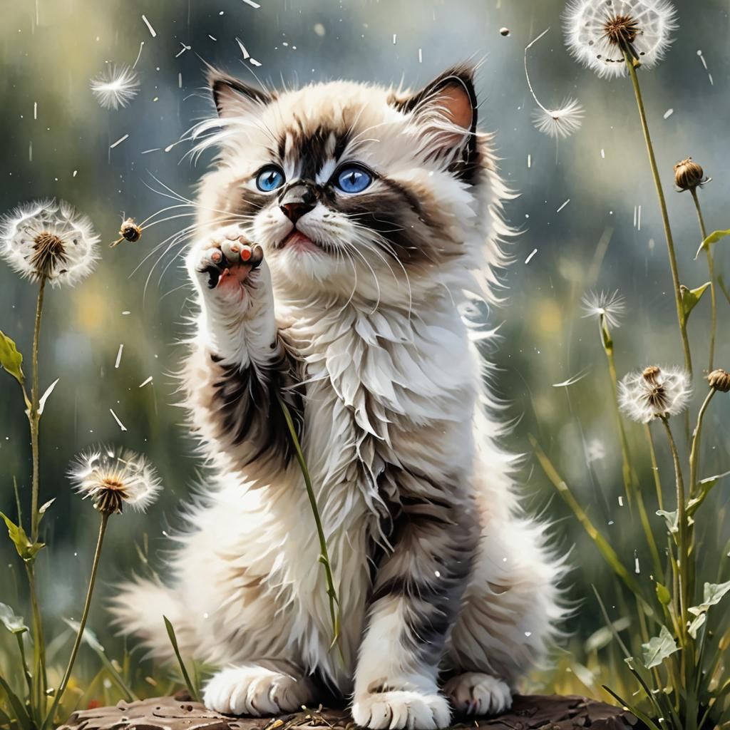 Ragdoll Kitten's Dandelion Moment: Watercolor Wildlife Photo...