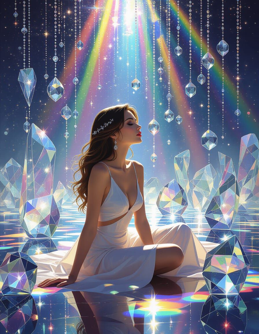 Dreamlike Woman Surrounded by Rainbow Light Refraction