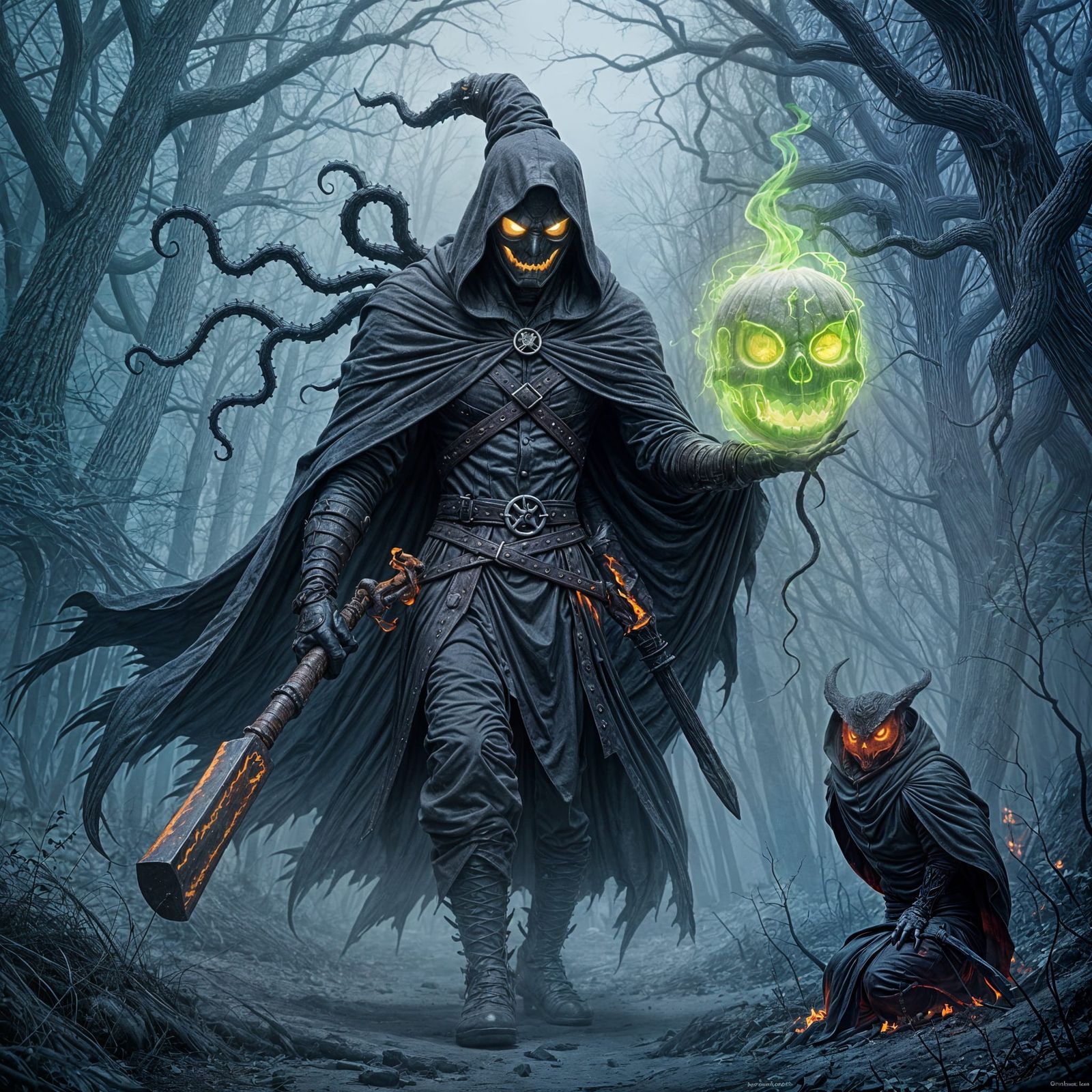 Headless Horseman with Jack-o-Lantern in Dark Fantasy Style