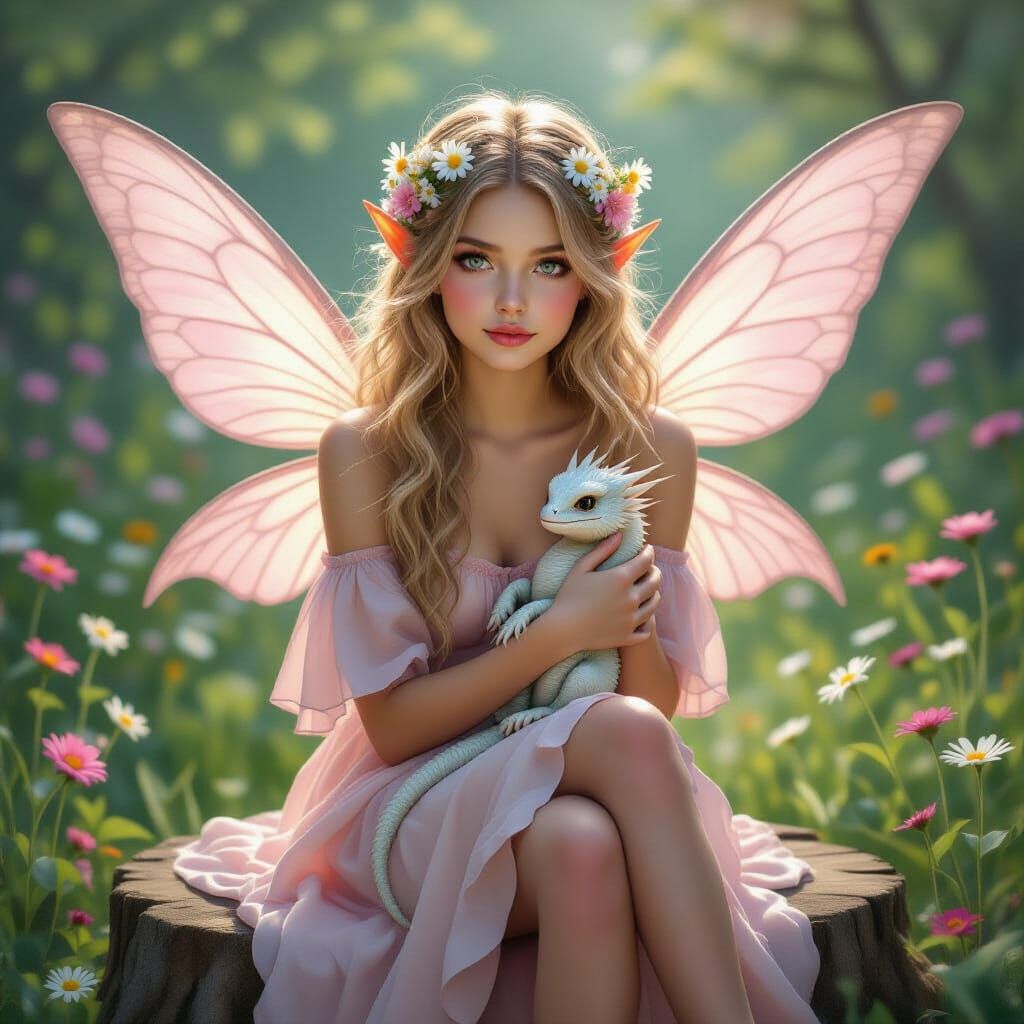 Fairy and Dragon in Garden, Hyperrealistic Oil Painting