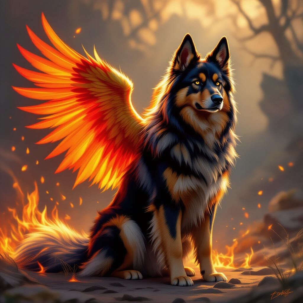 Phoenix German Shepherd Hybrid in Vibrant Fantasy Art