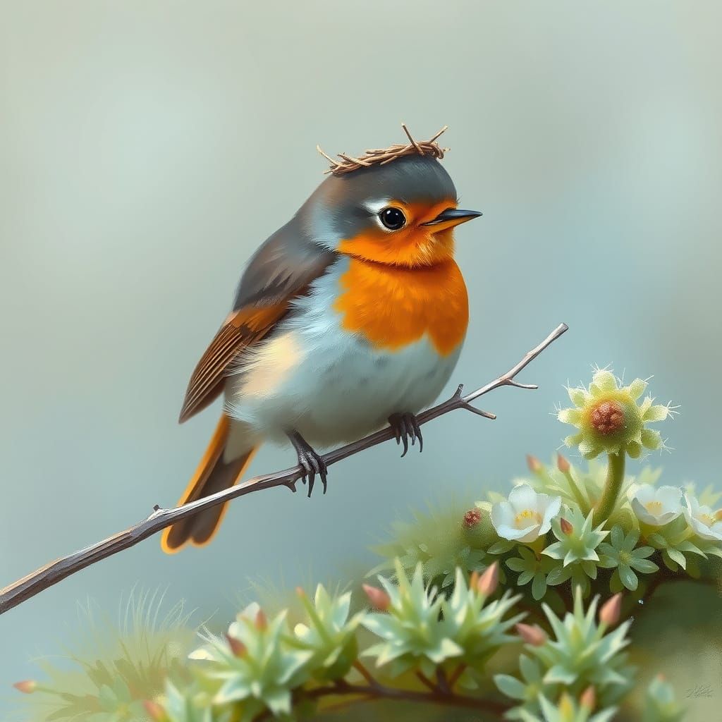 Robin with Twig Crown in Whimsical Style