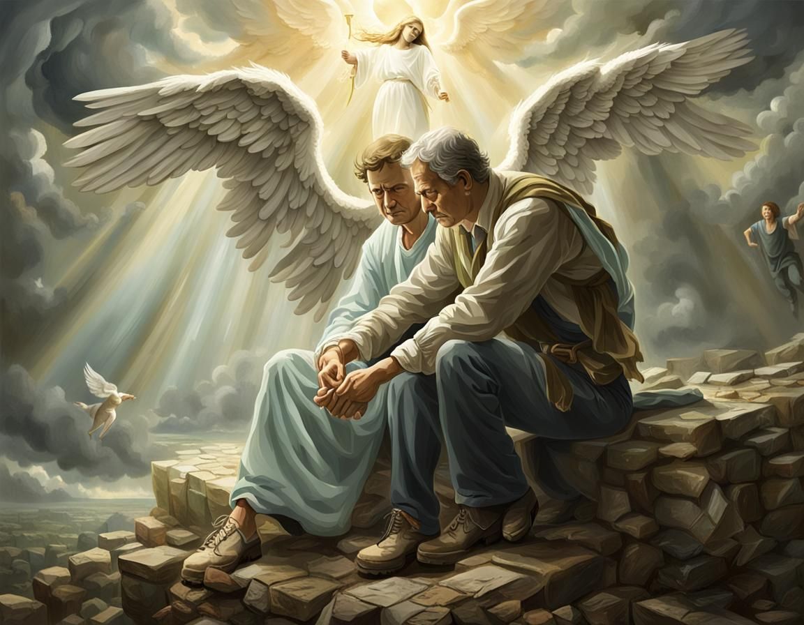 Angel Comforts Man Through Depression: Hopeful Digital Art