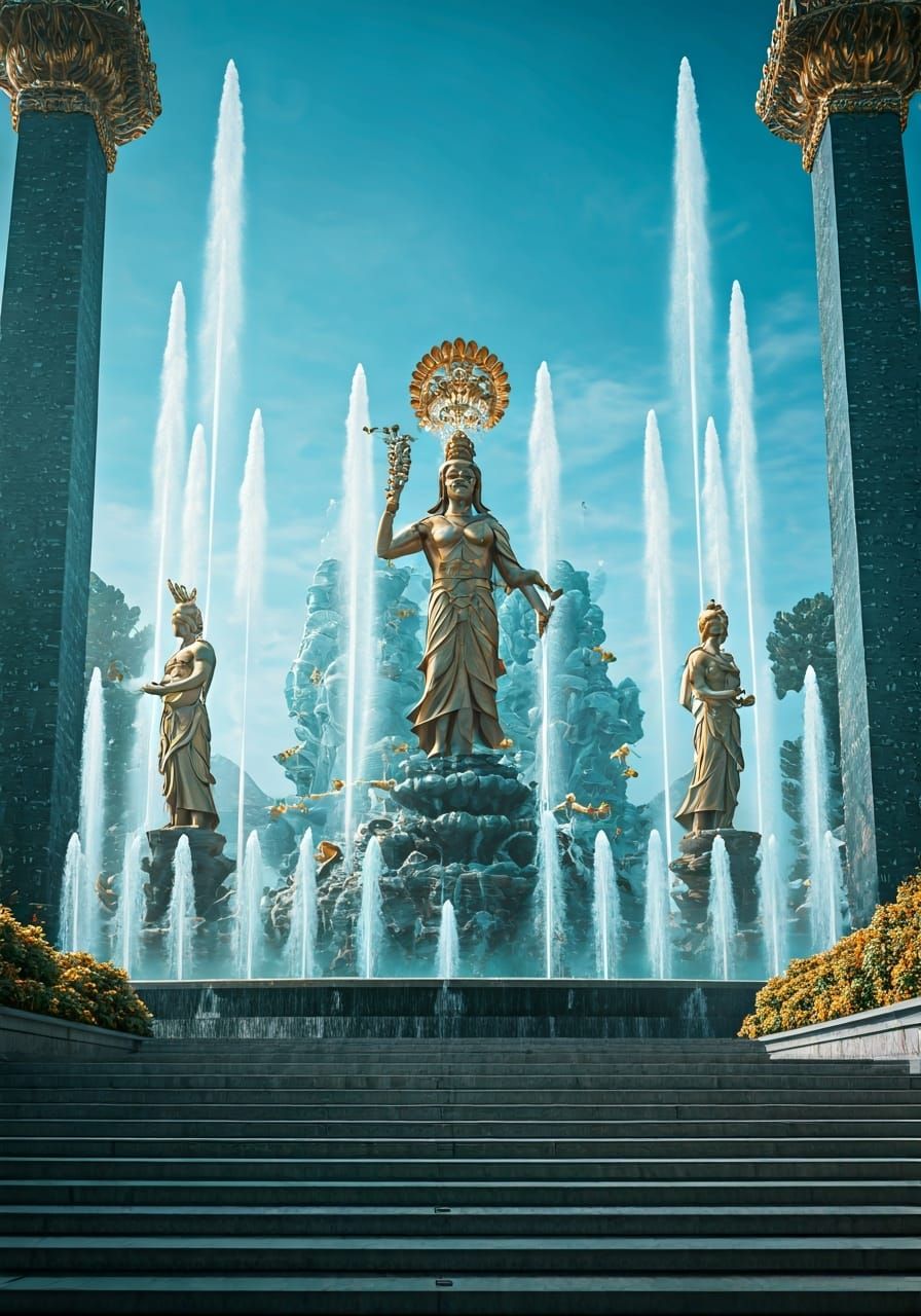 Majestic Fountains with Japanese Gods in Ukiyo-e Style