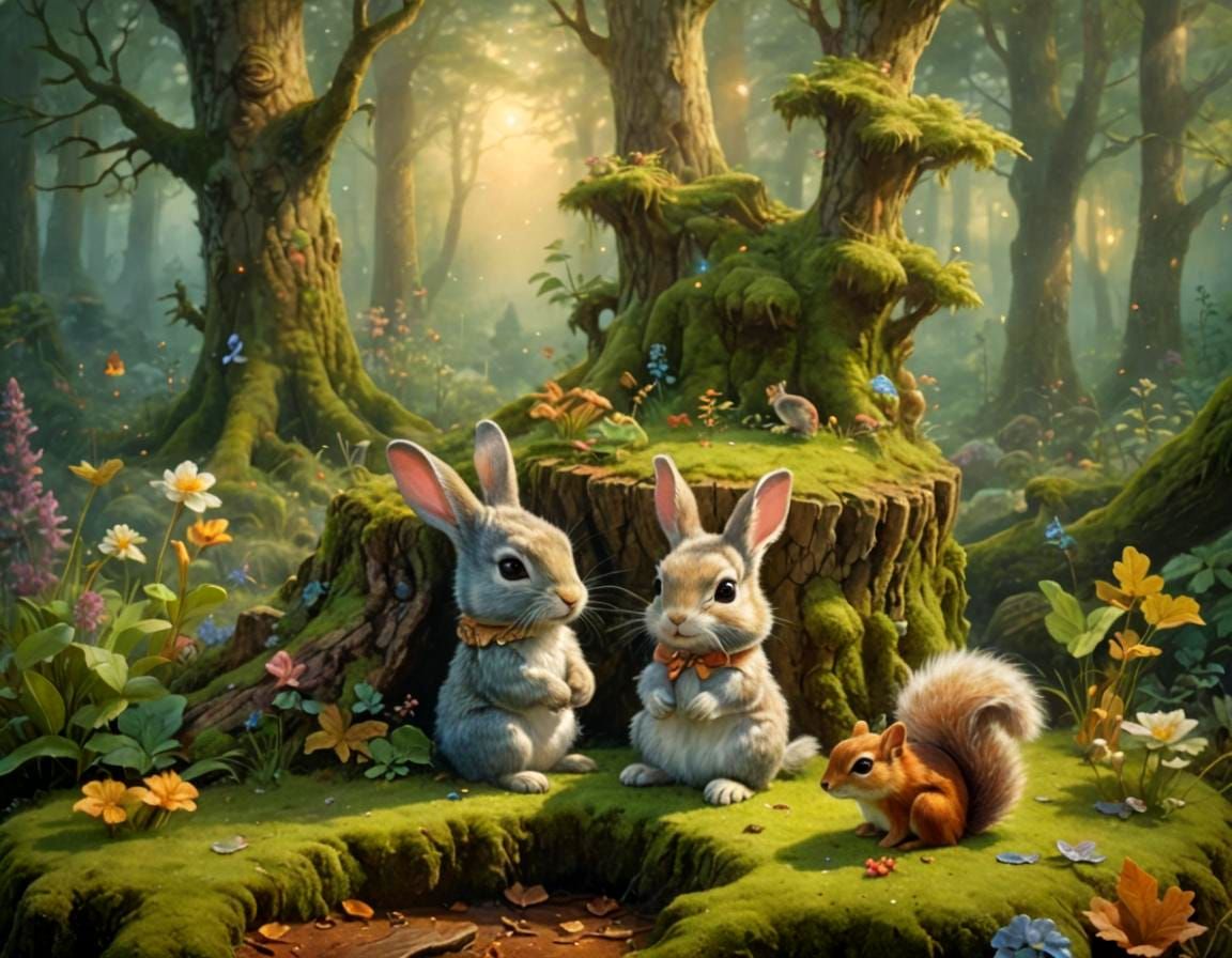 Ethereal Fantasy: Bunny and Squirrel in Mist