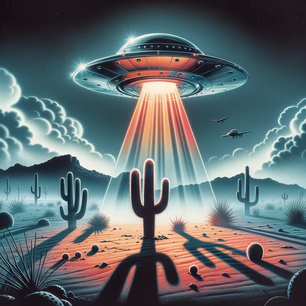 Chrome Saucer Over Desert in Airbrush Art Style