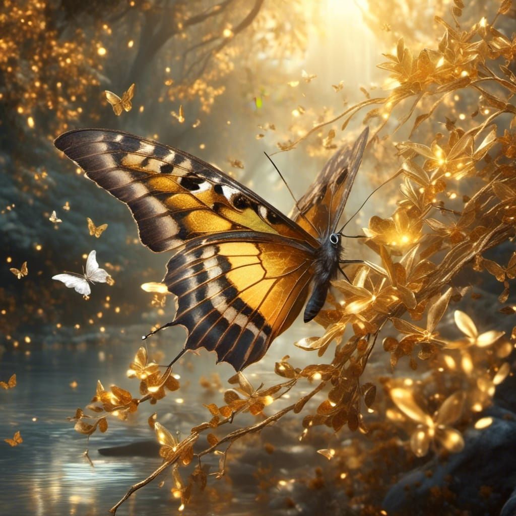 Dreamlike Gold and Silver Butterfly Amidst Golden Honeysuckl...