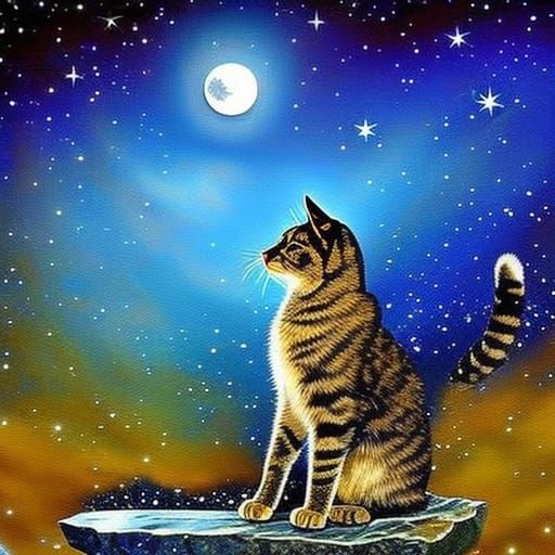 Cat Under Starry Moonlight with Broken Glass Effect