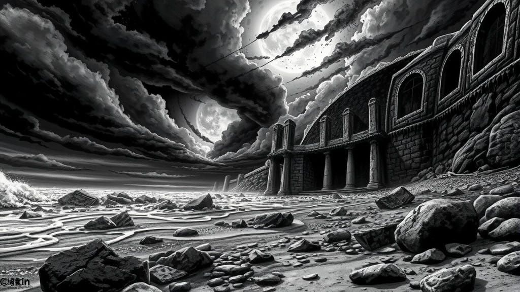 Majestic Abandoned Shore in Eerie Stormy Landscape