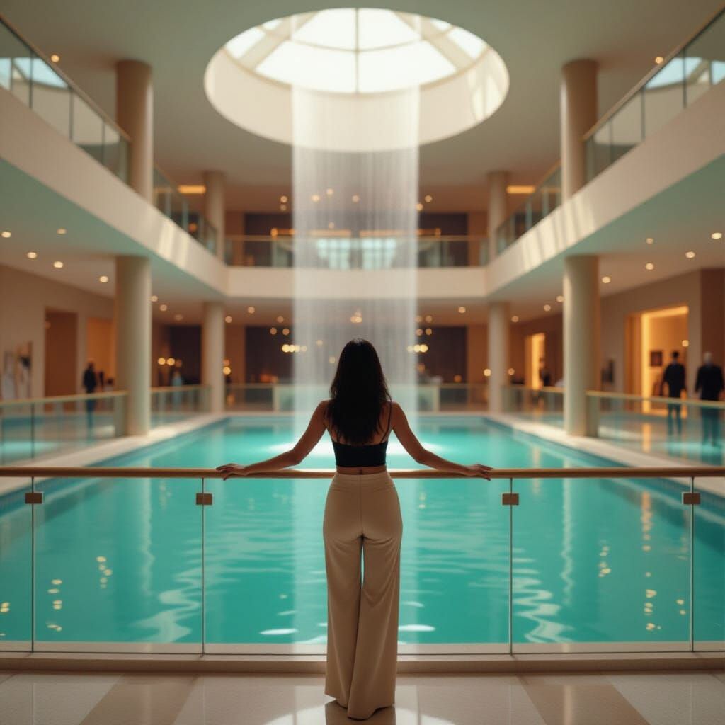 Woman Observes Fountain in Modern Mall, Photorealistic Style
