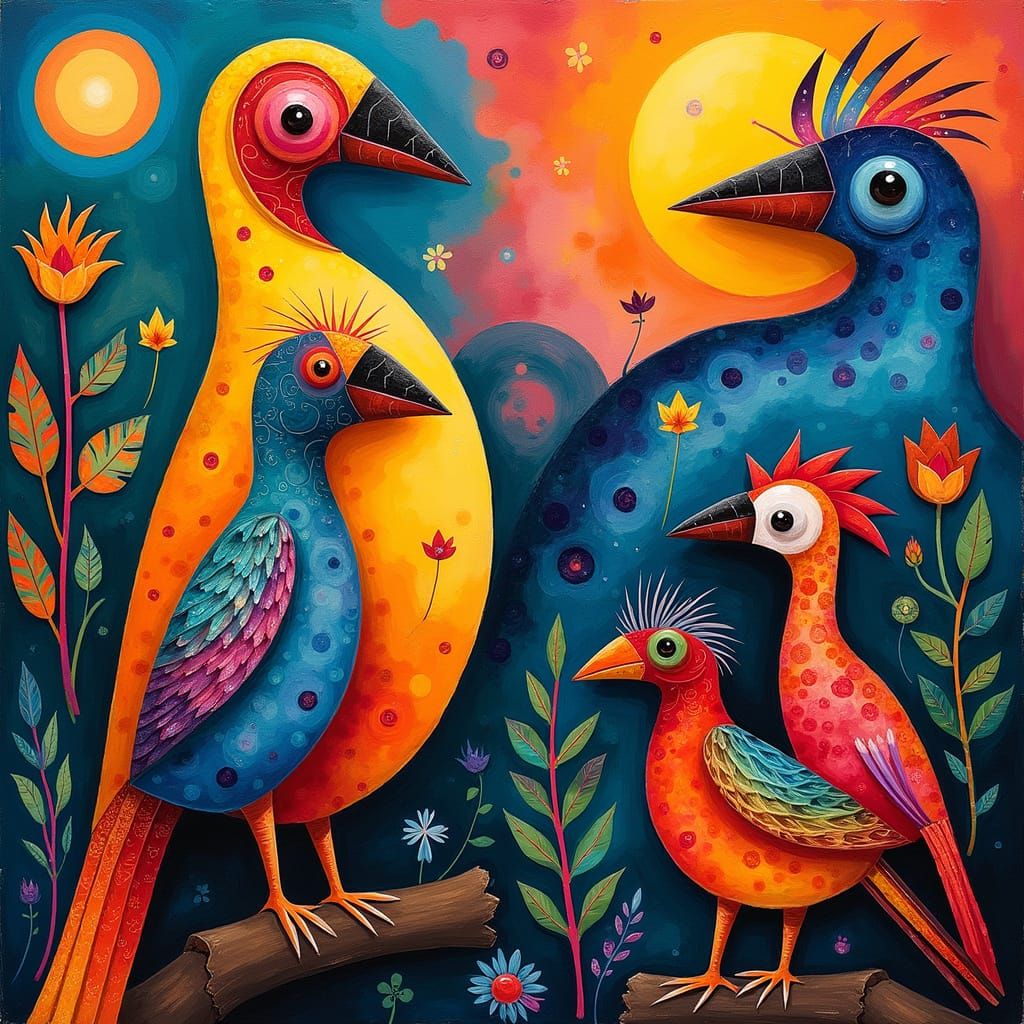 four playful cartoon birds