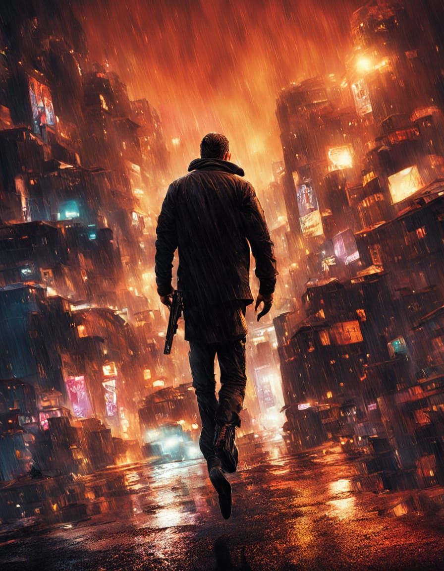 Elegant Assassin Emerges from Shadows in Neon City