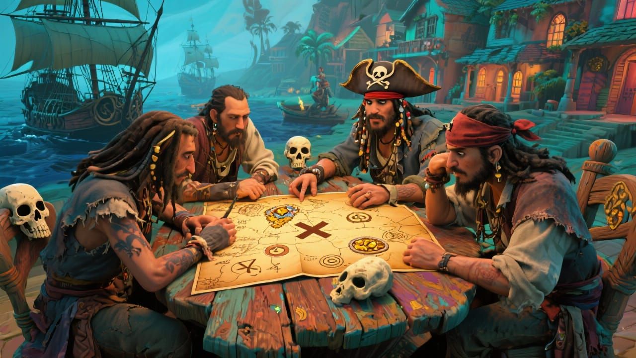 Pirates Study a Mystical Treasure Map