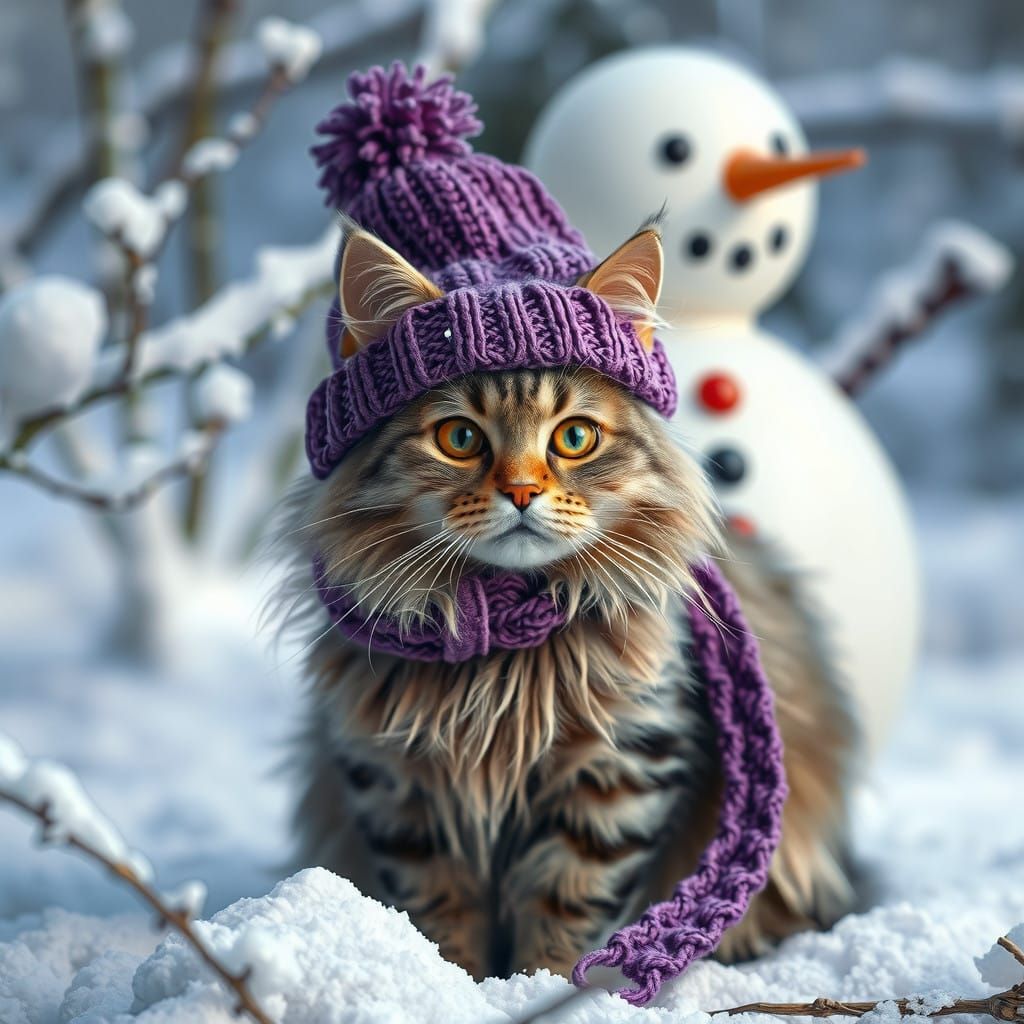 Grey Long-Haired Cat Visits Winter Wonderland