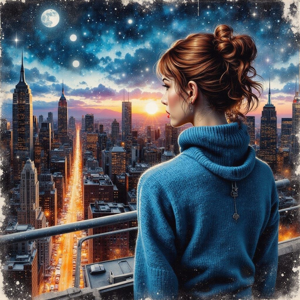 Woman on Manhattan Rooftop at Dusk in Mixed Media