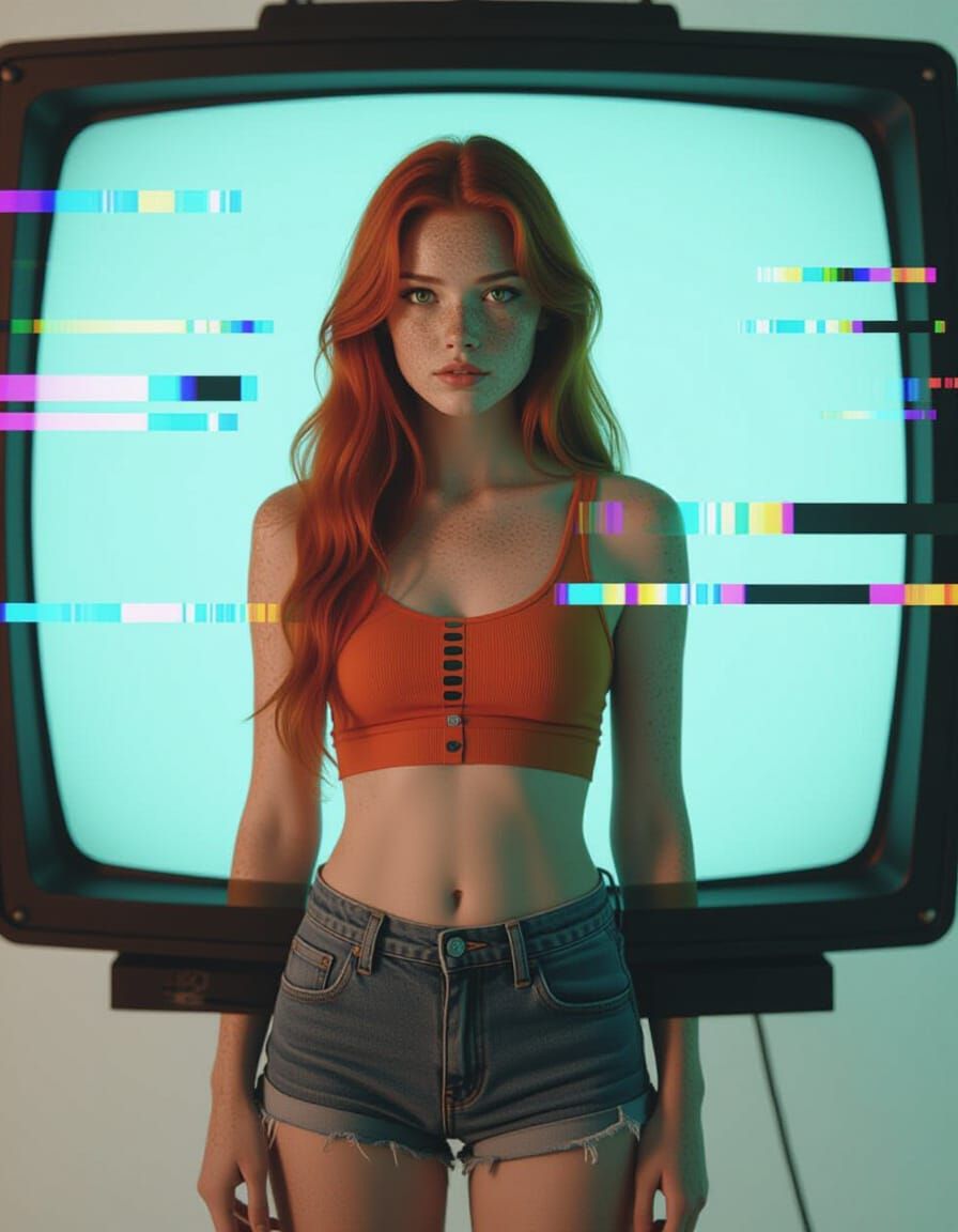 Red-Haired Woman in Cyberpunk Glitch Art Style