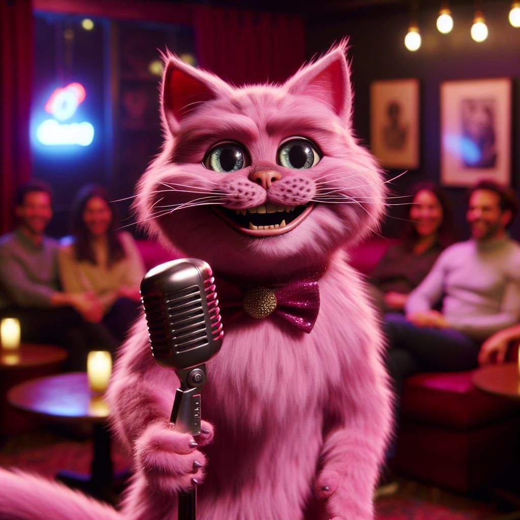 Pink Cat Tells a Joke on Stage