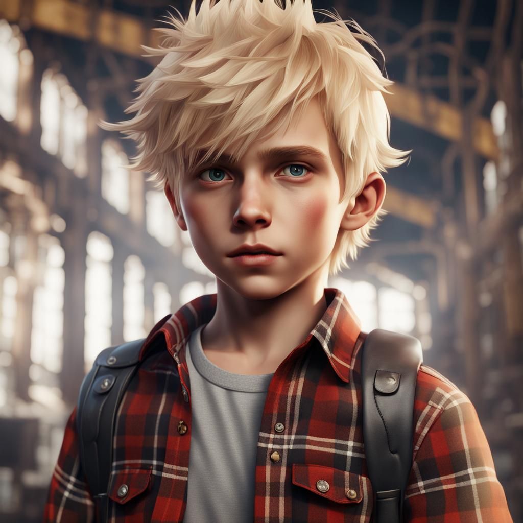 Blonde Boy in Plaid Shirt: Detailed Matte Painting