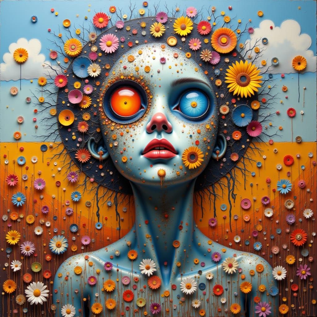 Beautiful Female Cyborg Among Daisies in Mixed Media Style