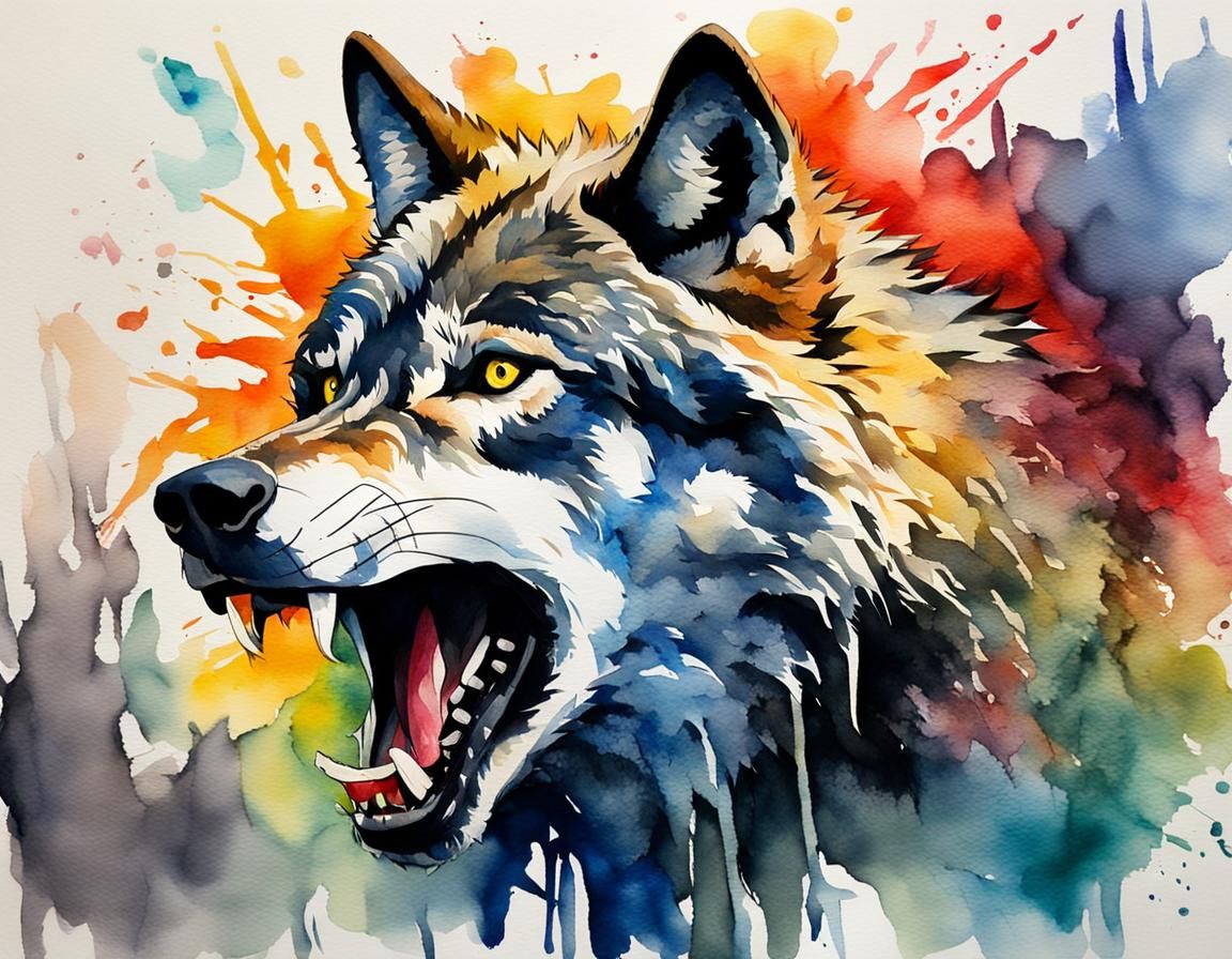 Wolf Snarling in Snare: Vivid Gouache Watercolor