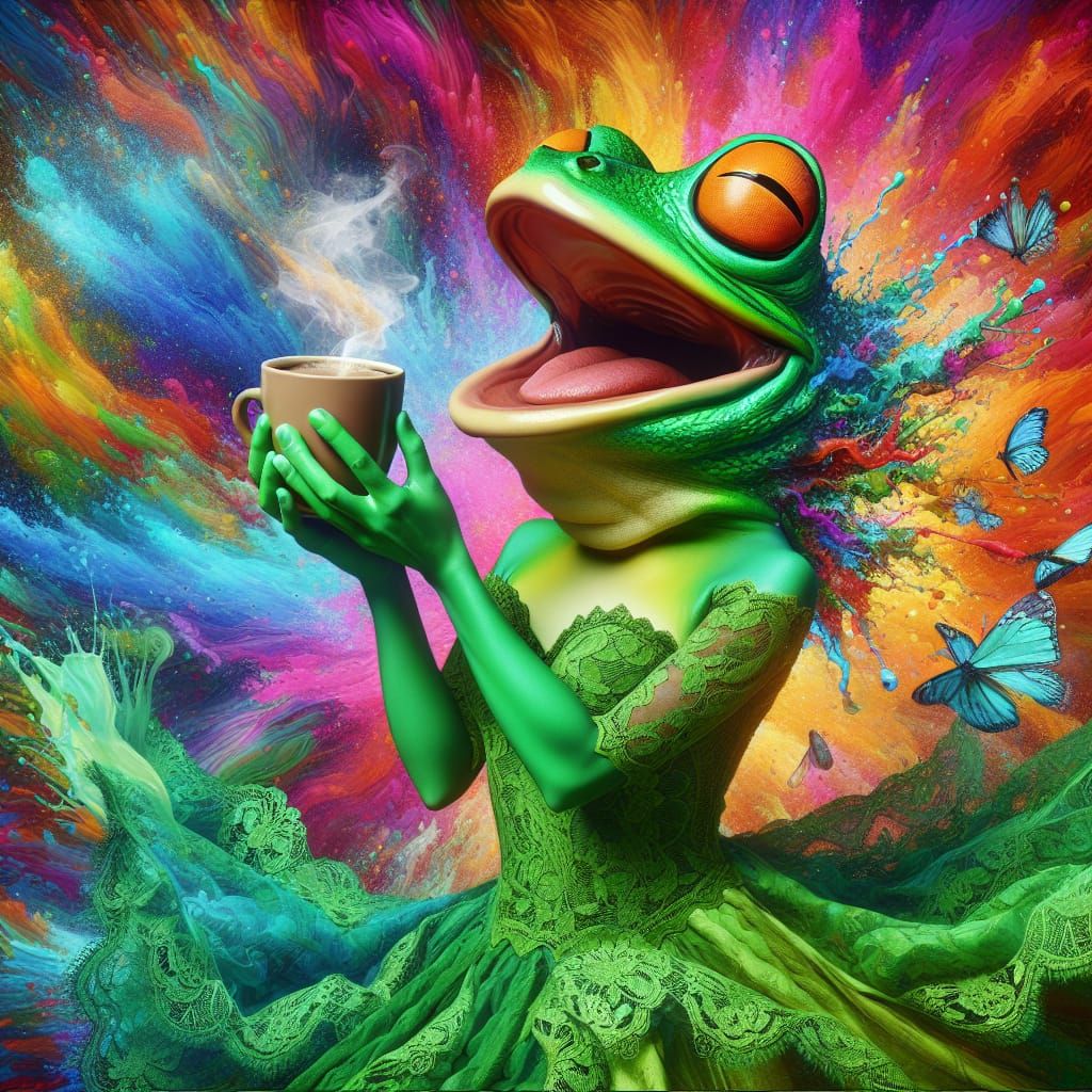 Anthropomorphic Frog Dances with Coffee in Colorful Scene