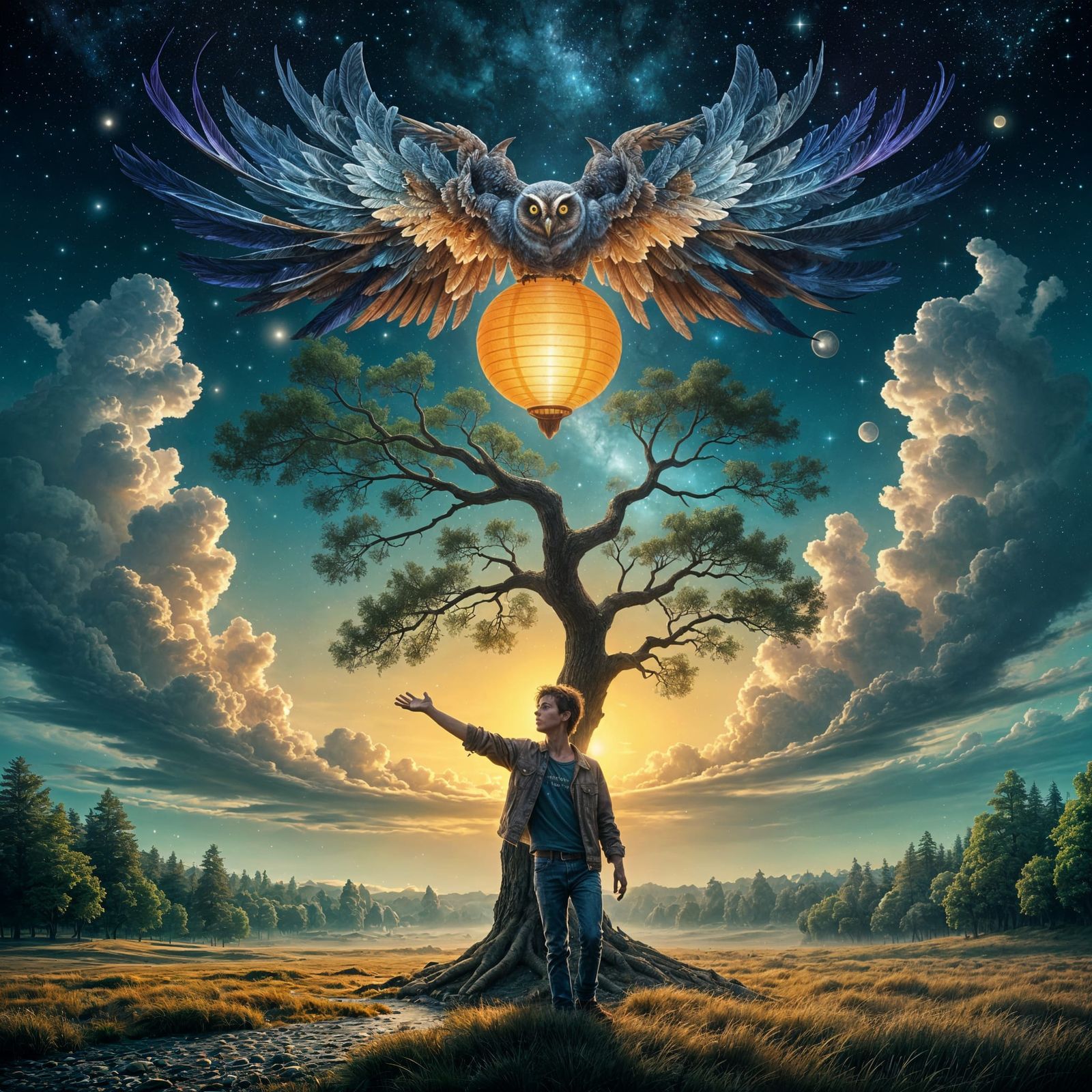 Hyperreal Owl Lands for Young Man Under Starry Sky