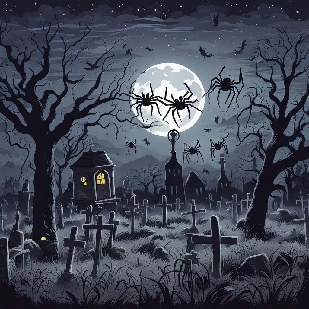 Spiders Dancing by Moonlight in Graveyard