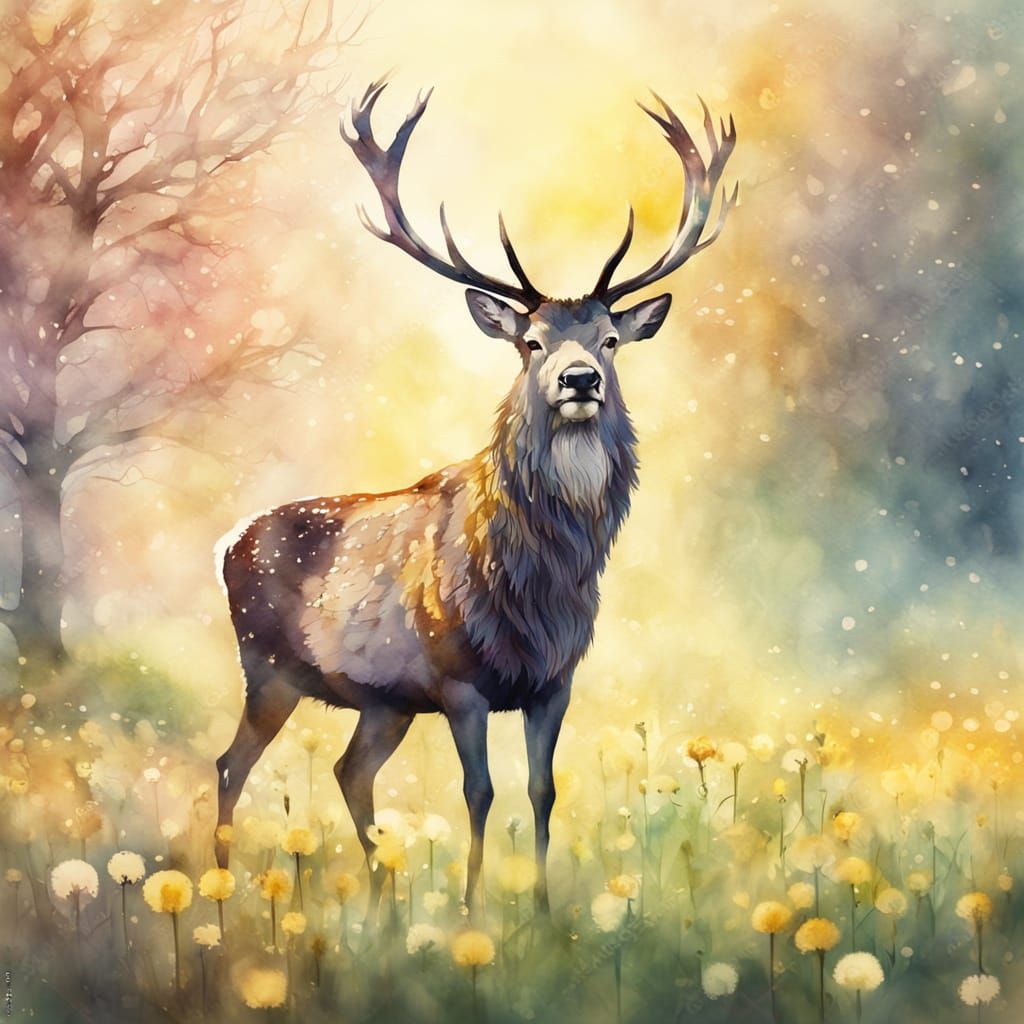 Majestic Stag in Dandelion Meadow: Watercolor Art