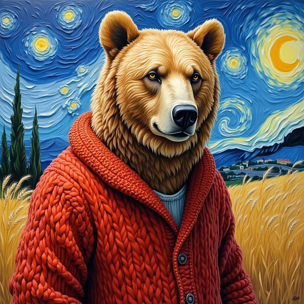 Kodiak Bear in Red Cardigan, Post-Impressionism Style