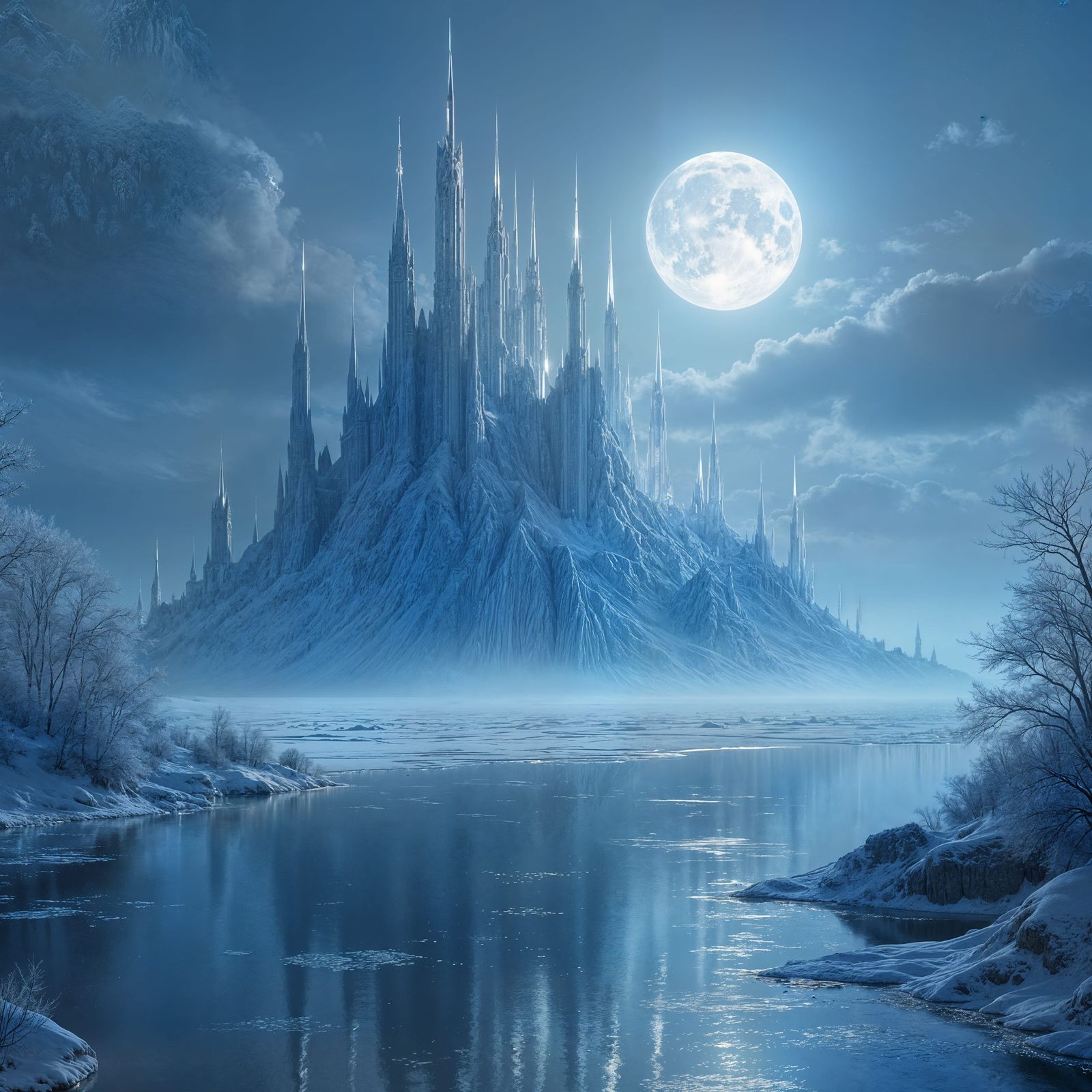 Epic Digital Painting of a Glittering Ice Palace on a Serene...