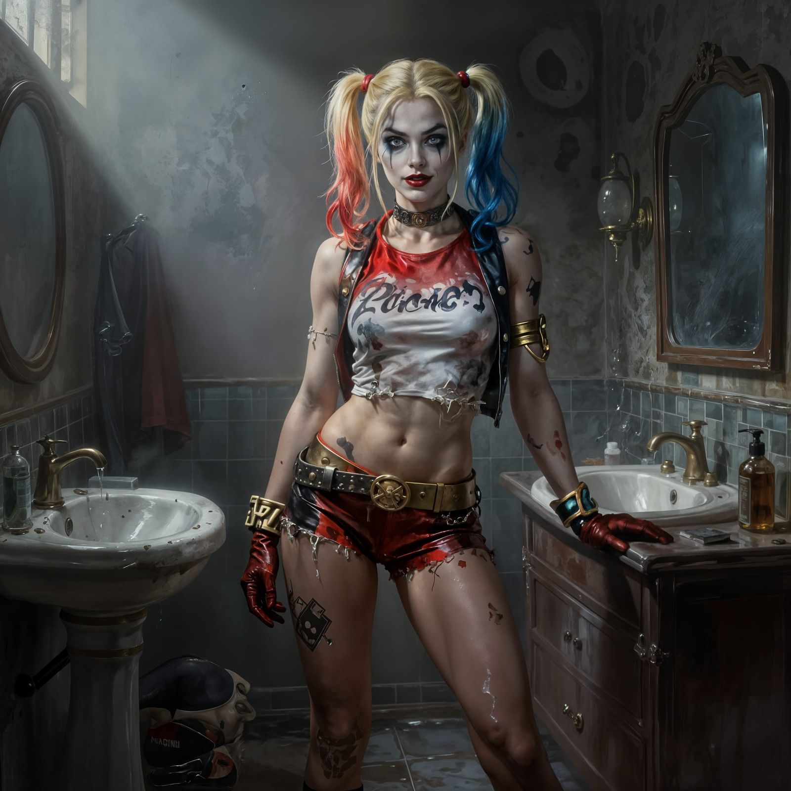 Muscular Harley Quinn in Shower Concept Art