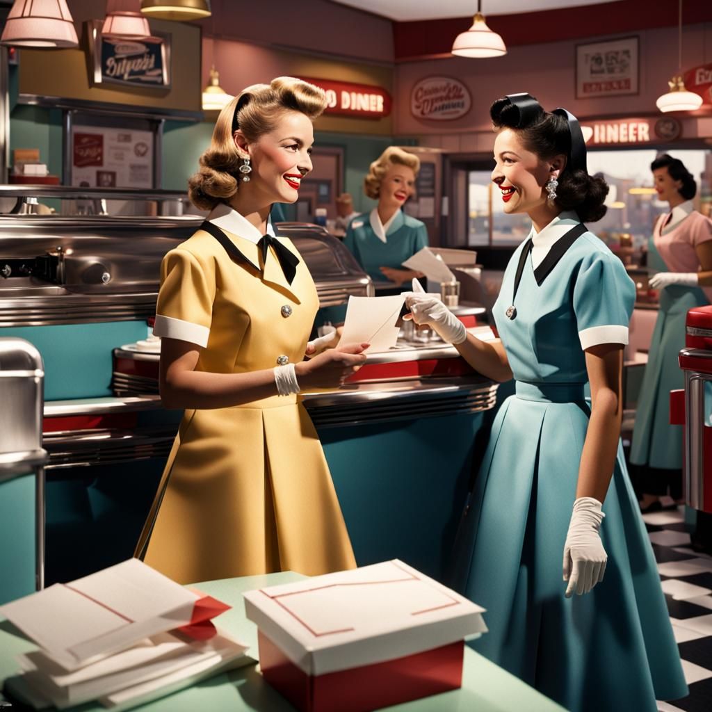 1950s Diner With Waitresses in Origami Style