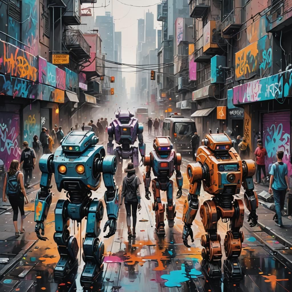 Futuristic Cityscape with Robots and People