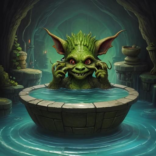 Goblin Woman Bathes in Underground Pool: Fantasy Art