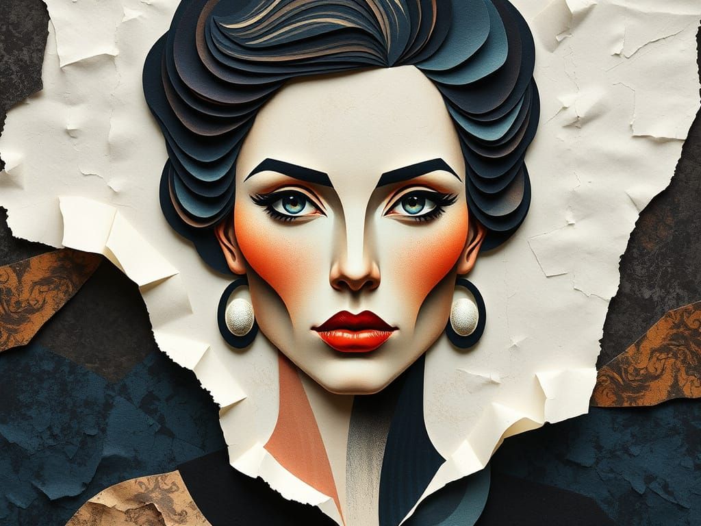 Neocubist Dimensional Papercraft Collage Portrait with Curvi...