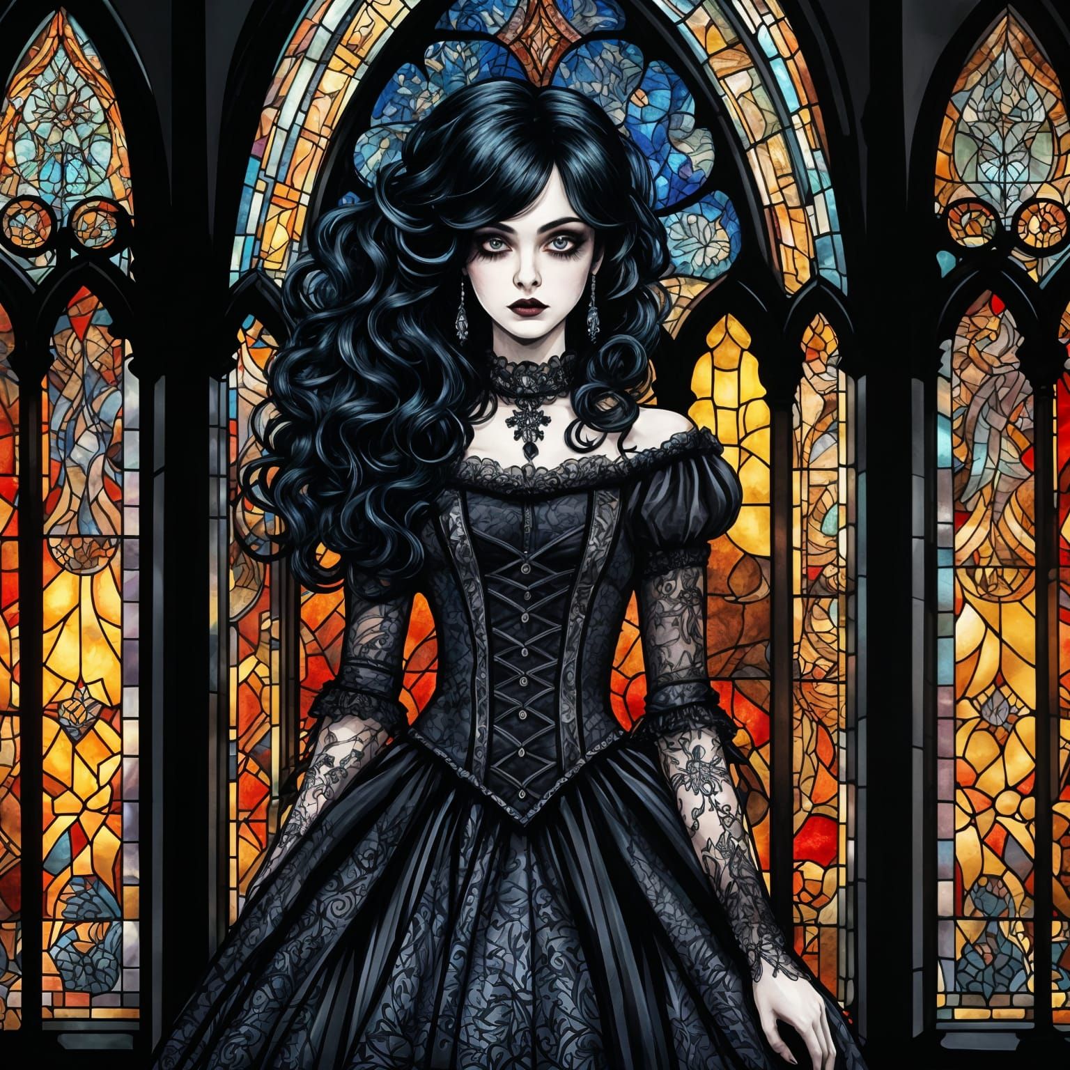 Ethereal Gothic Siren in Stained Glass Splendor