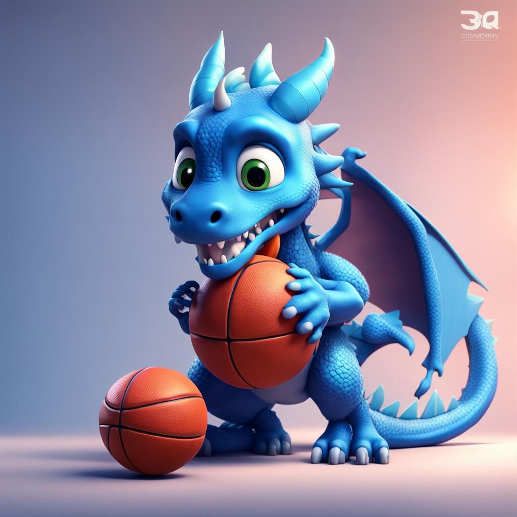 Cute Blue Dragon with Basketball: Pixar Style