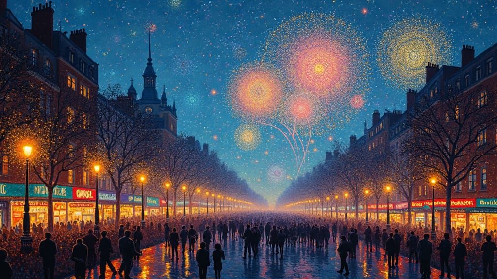 Fireworks Over City in Pointillism Style