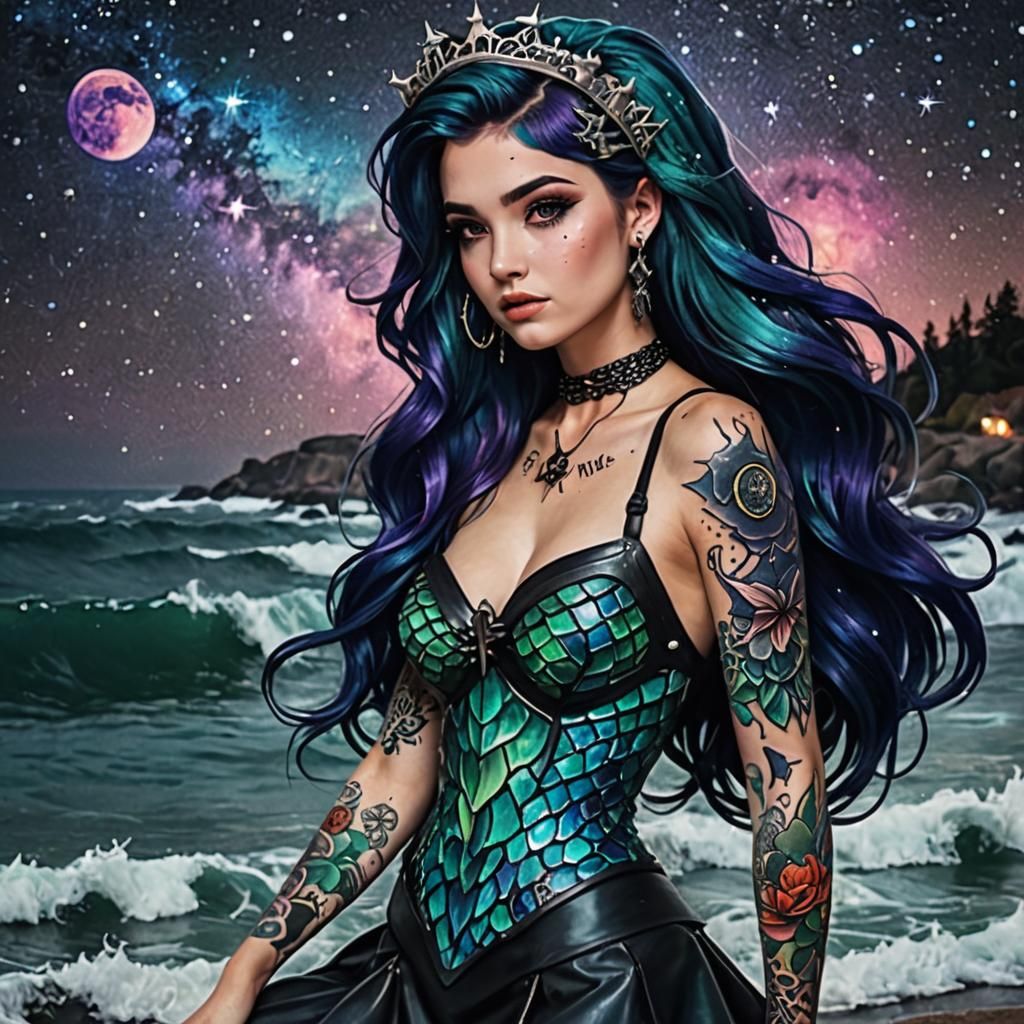 Mermaid in Cyberpunk Style with Tattoos