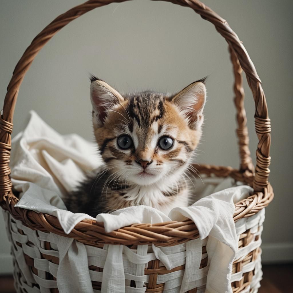 Adorable Kitten in Basket, Cinematic Film Still