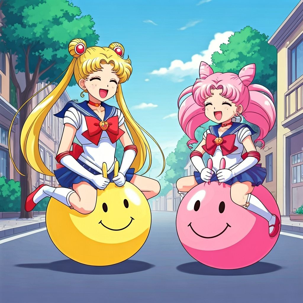 Usagi and Chibiusa on Smiley Hopper Balls in Anime Style