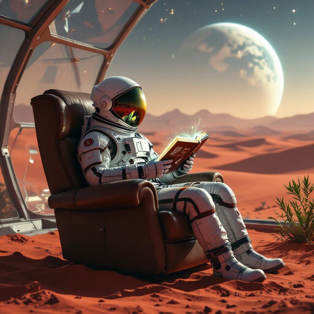 Astronaut Reads in Martian Biodome: Sci-Fi Art