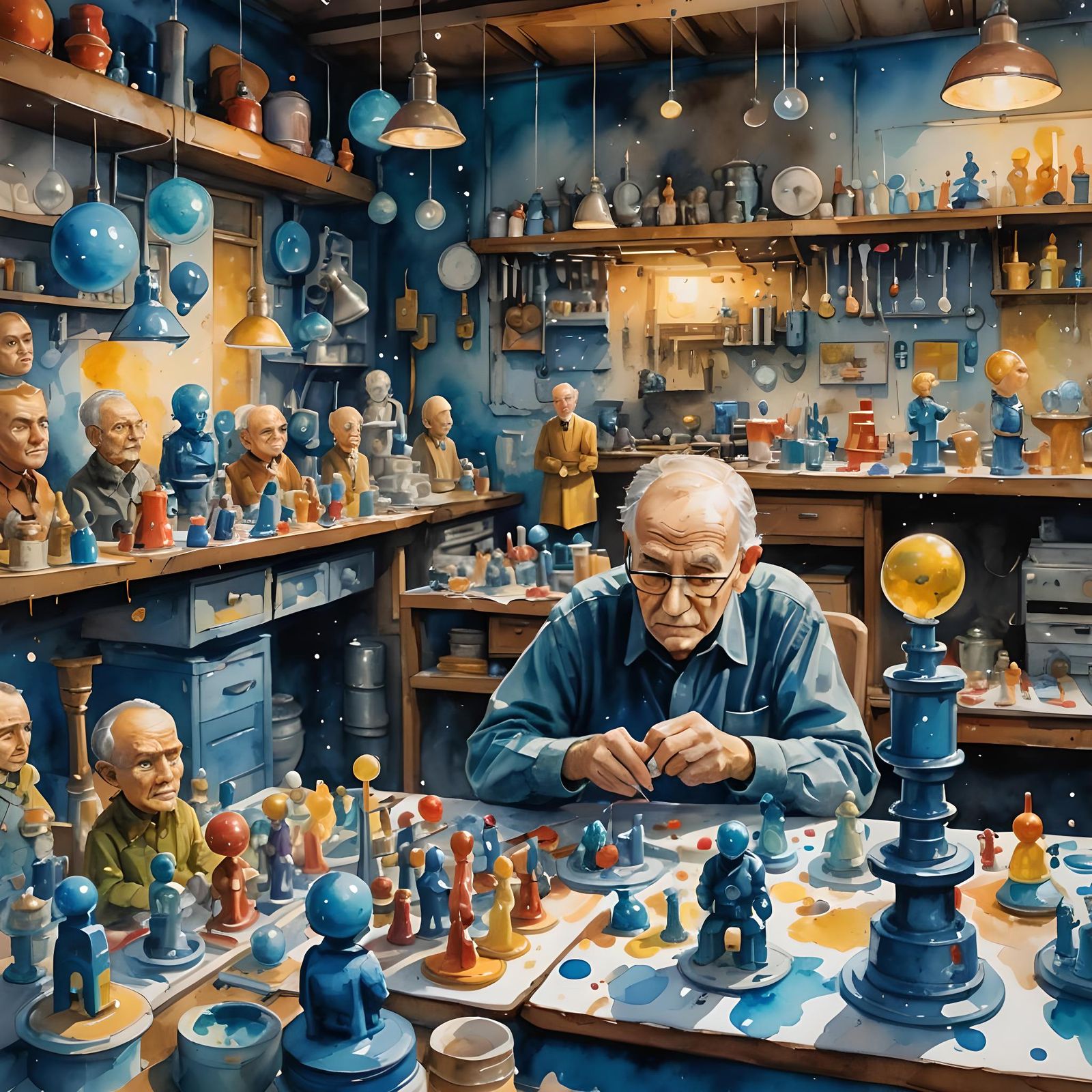 Bobblehead Factory Concept Art in Watercolor Style